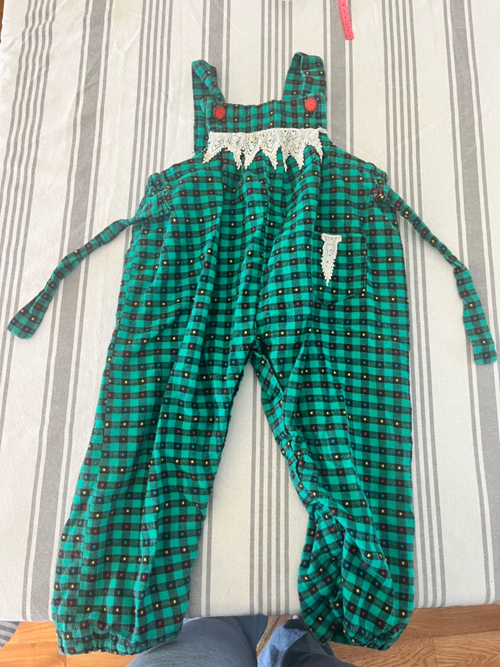 Girls Vintage Handmade Green Plaid Overalls with Lace Trim